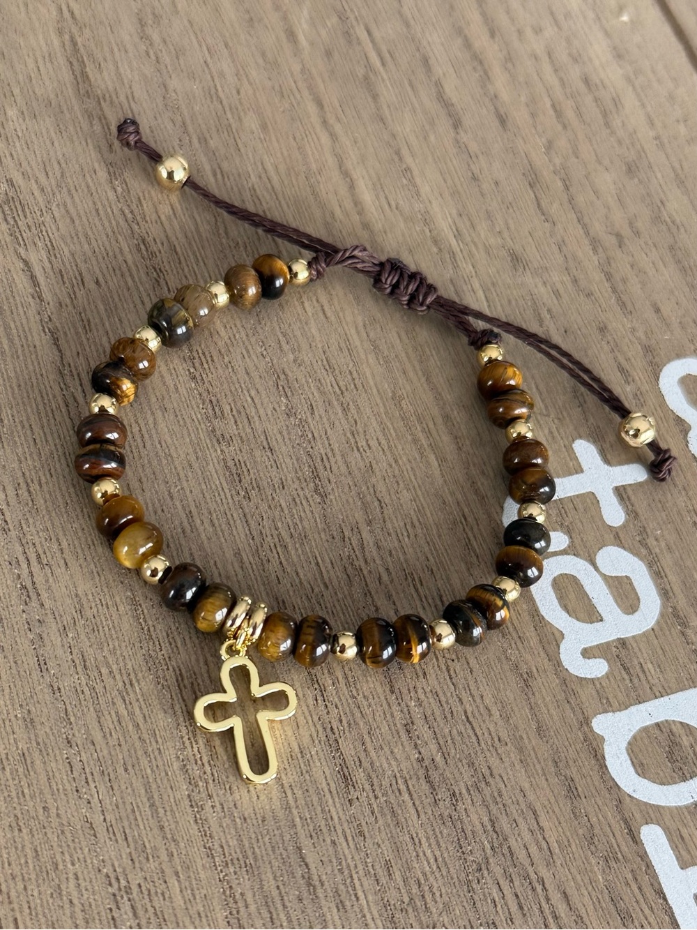 Gold Cross Tiger Eye Bead Bracelet - Brown